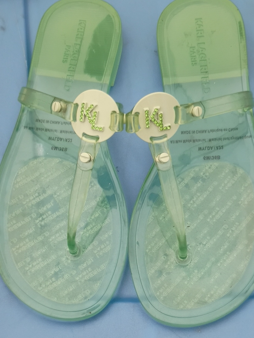 Karl Lagerfeld Translucent Mint Jelly Thong Sandals with Gold KL Medallions